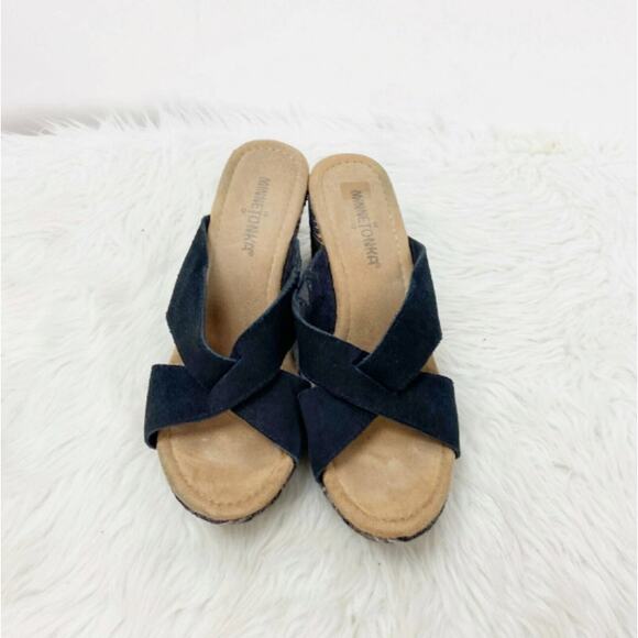 Minnetonka Wedge Sandals Size 7.5 Women Black Suede Platform Aztec Tribal - Picture 4 of 9